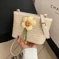 Women's Medium Straw Flower Bow Knot Vacation Beach Weave Square Zipper Straw Bag sku image 2