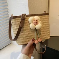 Women's Medium Straw Flower Bow Knot Vacation Beach Weave Square Zipper Straw Bag sku image 1