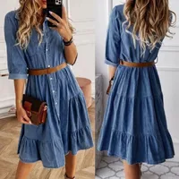 Women's Swing Dress Simple Style Turndown Printing Long Sleeve Solid Color Knee-Length Casual Daily Date main image 3