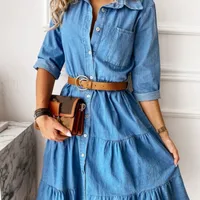 Women's Swing Dress Simple Style Turndown Printing Long Sleeve Solid Color Knee-Length Casual Daily Date main image 1