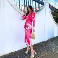 Women's Sheath Dress Elegant Plunging Neck Printing Nine Points Sleeve Color Block Solid Color Midi Dress Holiday Travel main image 5