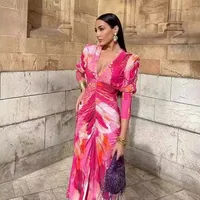Women's Sheath Dress Elegant Plunging Neck Printing Nine Points Sleeve Color Block Solid Color Midi Dress Holiday Travel main image 3