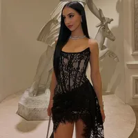 Women's Lace Dress Sexy Strapless Mesh Sleeveless Lace Above Knee Date Cocktail Party sku image 6