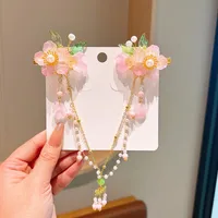 Girl'S IG Style Sweet Leaves Flower Cloth Rhinestone Tassel Pearl Hair Clip sku image 13