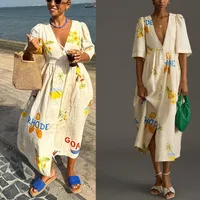Women's Regular Dress Casual Vacation V Neck Button Half Sleeve Letter Flower Midi Dress Holiday Daily main image 1