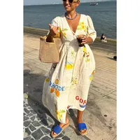 Women's Regular Dress Casual Vacation V Neck Button Half Sleeve Letter Flower Midi Dress Holiday Daily main image 3
