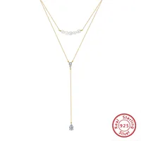 925 Sterling Silver Plated Freshwater Pearl Zircon Polishing Plating Inlay V Shape Geometric Double Layer Necklaces main image 2