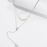 925 Sterling Silver Plated Freshwater Pearl Zircon Polishing Plating Inlay V Shape Geometric Double Layer Necklaces main image 4