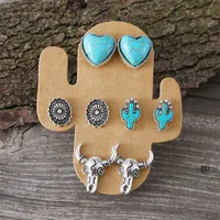 1 Set Cowboy Style Classic Style Cactus Heart Shape Boots Plating Inlay Zinc Alloy Turquoise Ear Studs main image 2