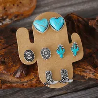 1 Set Cowboy Style Classic Style Cactus Heart Shape Boots Plating Inlay Zinc Alloy Turquoise Ear Studs main image 3