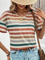 Women's T-shirt Short Sleeve T-Shirts Printing Stripe Streetwear Stripe sku image 2