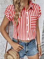 Women's Blouse Short Sleeve Blouses Simple Style Stripe sku image 8