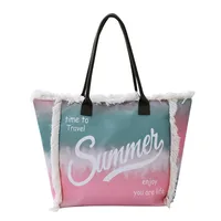 Women's Large Canvas Letter Color Block Vacation Beach Zipper Beach Bag main image 1