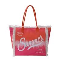 Women's Large Canvas Letter Color Block Vacation Beach Zipper Beach Bag sku image 4
