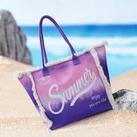 Women's Large Canvas Letter Color Block Vacation Beach Zipper Beach Bag main image 3