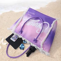 Women's Large Canvas Letter Color Block Vacation Beach Zipper Beach Bag main image 4