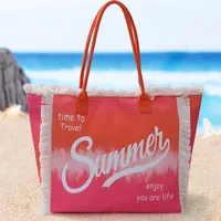 Women's Large Canvas Letter Color Block Vacation Beach Zipper Beach Bag main image 5