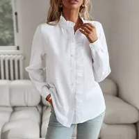 Women's Blouse Long Sleeve Blouses Frill Ruched Business Stripe Solid Color sku image 11