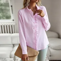 Women's Blouse Long Sleeve Blouses Frill Ruched Business Stripe Solid Color sku image 14