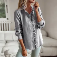 Women's Blouse Long Sleeve Blouses Frill Ruched Business Stripe Solid Color sku image 5