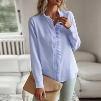 Women's Blouse Long Sleeve Blouses Frill Ruched Business Stripe Solid Color sku image 16