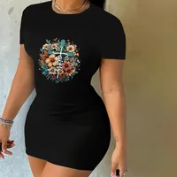 Women's T Shirt Dress Streetwear Round Neck Short Sleeve Letter Flower Knee-Length Holiday Daily main image 1