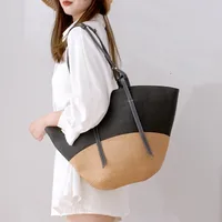 Women's Large Straw Color Block Solid Color Vacation Beach Weave Bucket Open Straw Bag main image 2