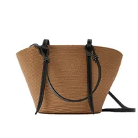 Women's Large Straw Color Block Solid Color Vacation Beach Weave Bucket Open Straw Bag main image 7