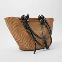 Women's Large Straw Color Block Solid Color Vacation Beach Weave Bucket Open Straw Bag main image 5