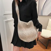 Women's Medium Straw Solid Color Vacation Classic Style Hollow Bucket Magnetic Buckle Crossbody Bag main image 4