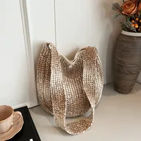 Women's Medium Straw Solid Color Vacation Classic Style Hollow Bucket Magnetic Buckle Crossbody Bag main image 5