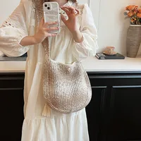 Women's Medium Straw Solid Color Vacation Classic Style Hollow Bucket Magnetic Buckle Crossbody Bag sku image 1