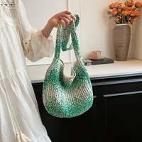 Women's Medium Straw Solid Color Vacation Classic Style Hollow Bucket Magnetic Buckle Crossbody Bag sku image 2