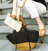 Women's Large Straw Color Block Solid Color Vacation Beach Weave Bucket Open Straw Bag main image 4