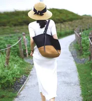 Women's Large Straw Color Block Solid Color Vacation Beach Weave Bucket Open Straw Bag main image 1