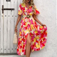 Elegant V-neck Floral Print Summer Dress European Style Vacation Cardigan Women's Fashion Short Sleeve Knee-length A-line Dress main image 3
