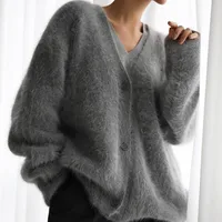 Imitation Mink Wool Knitted Sweater Cardigan   Autumn And Winter Lazy Loose Long Sleeve V-neck Sweater Coat For Women main image 1