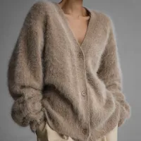 Imitation Mink Wool Knitted Sweater Cardigan   Autumn And Winter Lazy Loose Long Sleeve V-neck Sweater Coat For Women sku image 6