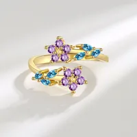 Copper Inlay Flower Zircon Open Rings main image 2
