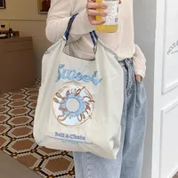 Women's Embroidered Shopping Bag Donut Large Capacity Portable Canvas Bag Environmental Protection Supermarket Portable Foldable Shoulder Bag main image 2