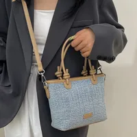 Women's Medium Denim Solid Color Classic Style Streetwear Rhinestone Bucket Zipper Crossbody Bag main image video