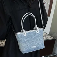 Women's Medium Denim Solid Color Classic Style Streetwear Rhinestone Bucket Zipper Crossbody Bag main image 2