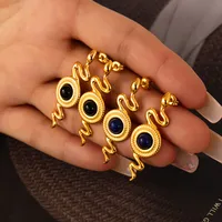 1 Pair Retro British Style Round Snake Plating Inlay 304 Stainless Steel Natural Stone Agate 18K Gold Plated Ear Studs main image 8