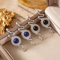 1 Pair Retro British Style Round Snake Plating Inlay 304 Stainless Steel Natural Stone Agate 18K Gold Plated Ear Studs main image 3