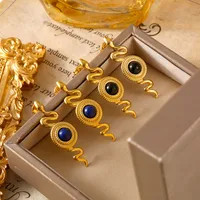 1 Pair Retro British Style Round Snake Plating Inlay 304 Stainless Steel Natural Stone Agate 18K Gold Plated Ear Studs main image 7