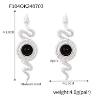 1 Pair Retro British Style Round Snake Plating Inlay 304 Stainless Steel Natural Stone Agate 18K Gold Plated Ear Studs main image 9