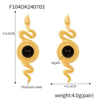 1 Pair Retro British Style Round Snake Plating Inlay 304 Stainless Steel Natural Stone Agate 18K Gold Plated Ear Studs sku image 3