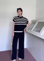 Daily Women's Casual Stripe Polyester Contrast Binding Pants Sets Pants Sets sku image 4