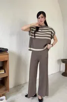 Daily Women's Casual Stripe Polyester Contrast Binding Pants Sets Pants Sets sku image 1
