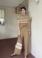 Daily Women's Casual Stripe Polyester Contrast Binding Pants Sets Pants Sets sku image 2